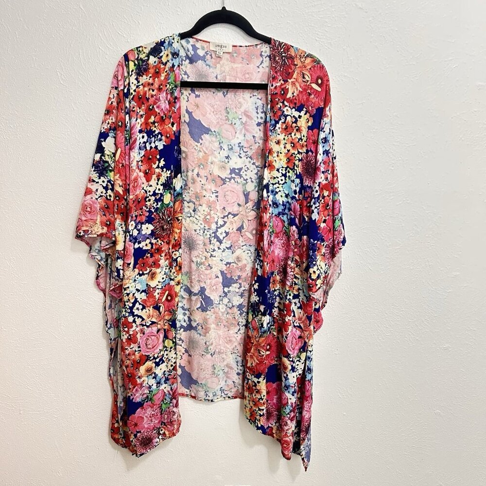 Umgee Pink Floral Kimono Cardigan Cover Up Open Front Multicolor Flowy Size M/L